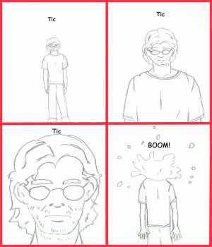 Remove R Comic (aka rm -r comic), by Gary Marks:Sick 
Dialog: 
Panel 1 
Sound effect: Tic 
Panel 2 
Sound effect: Tic 
Panel 3 
Sound effect: Tic 
Panel 4 
Sound effect: BOOM! 
