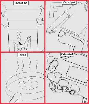 Remove R Comic (aka rm -r comic), by Gary Marks:Related to fires 
Dialog: 
Panel 1 
Caption: Burned out 
Panel 2 
Caption: Out of gas 
Panel 3 
Caption: Fried 
Panel 4 
Caption: Exhausted 
