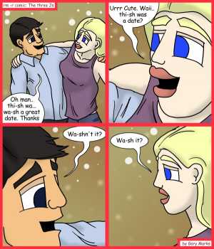 Remove R Comic (aka rm -r comic), by Gary Marks:Thish is a greaaat c-comic 
Dialog: 
Ish a ar oo im ba? 
 
Panel 1 
Samuel: Oh man.. thi-sh wa... wa-sh a great date. Thanks 
Panel 2 
Jane: Urrr Cute. Waii.. thi-sh was a date? 
Panel 3 
Samuel: Wa-shn't it? 
Panel 4 
Jane: Wa-sh it? 