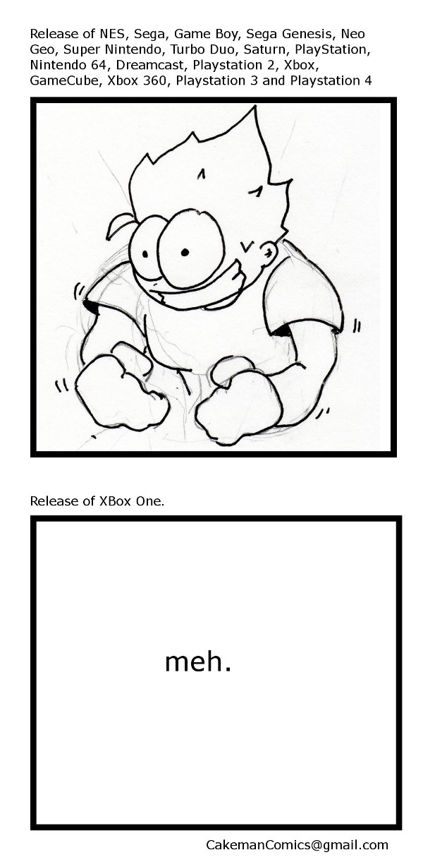 Remove R Comic (aka rm -r comic), by Gary Marks: Guest Comic 6 
Dialog: 
Panel 1 
Caption: Release of NES, Sega, Game Boy, Sega Genesis, Neo Geo, Super Nintendo, Turbo Duo, Saturn, PlayStation, Nintendo 64, Dreamcast, Playstation 2, Xbox, GameCube, Xbox 360, Playstation 3 and Playstation 4 
Panel 2 
Caption: Release of XBox One. 
Text: meh. 
By Cakeman Comics