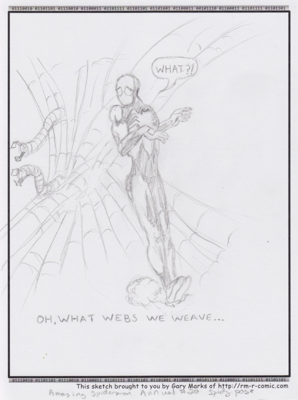 Remove R Comic (aka rm -r comic), by Gary Marks: Tangled webs 
Dialog: 
When first we practice to conceive! 
 
Panel 1 
Caption: OH, WHAT WEBS WE WEAVE... 