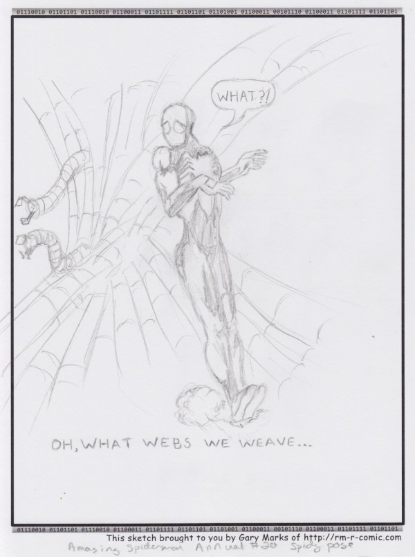 Remove R Comic (aka rm -r comic), by Gary Marks: Tangled webs 
Dialog: 
When first we practice to conceive! 
 
Panel 1 
Caption: OH, WHAT WEBS WE WEAVE... 