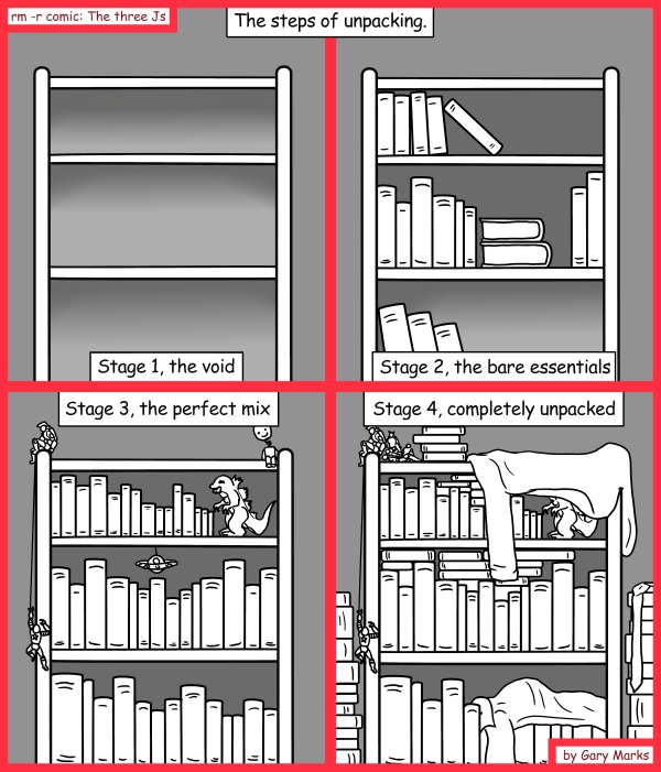 Remove R Comic (aka rm -r comic), by Gary Marks: Booked up 
Dialog: 
Stage 5, ten years later. "Oh God... what is that? Is that alive?!" 
 
Panel 1 
Title: The steps of unpacking. 
Caption: Stage 1, the void 
Panel 2 
Caption: Stage 2, the bare essentials 
Panel 3 
Caption: Stage 3, the perfect mix 
Panel 4 
Caption: Stage 4, completely unpacked 